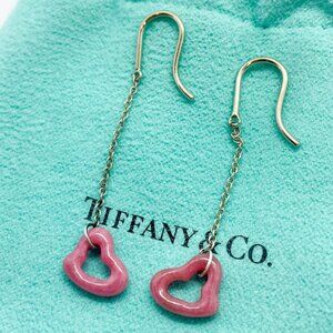 Tiffany & Co Elsa Peretti Pink Rhodonite Heart Dangle Earrings Sterling Silver